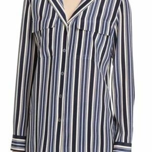 Lafayette 148 NY 100% Silk Blouse Navy Beige White Striped Long Sleeves W SZ M